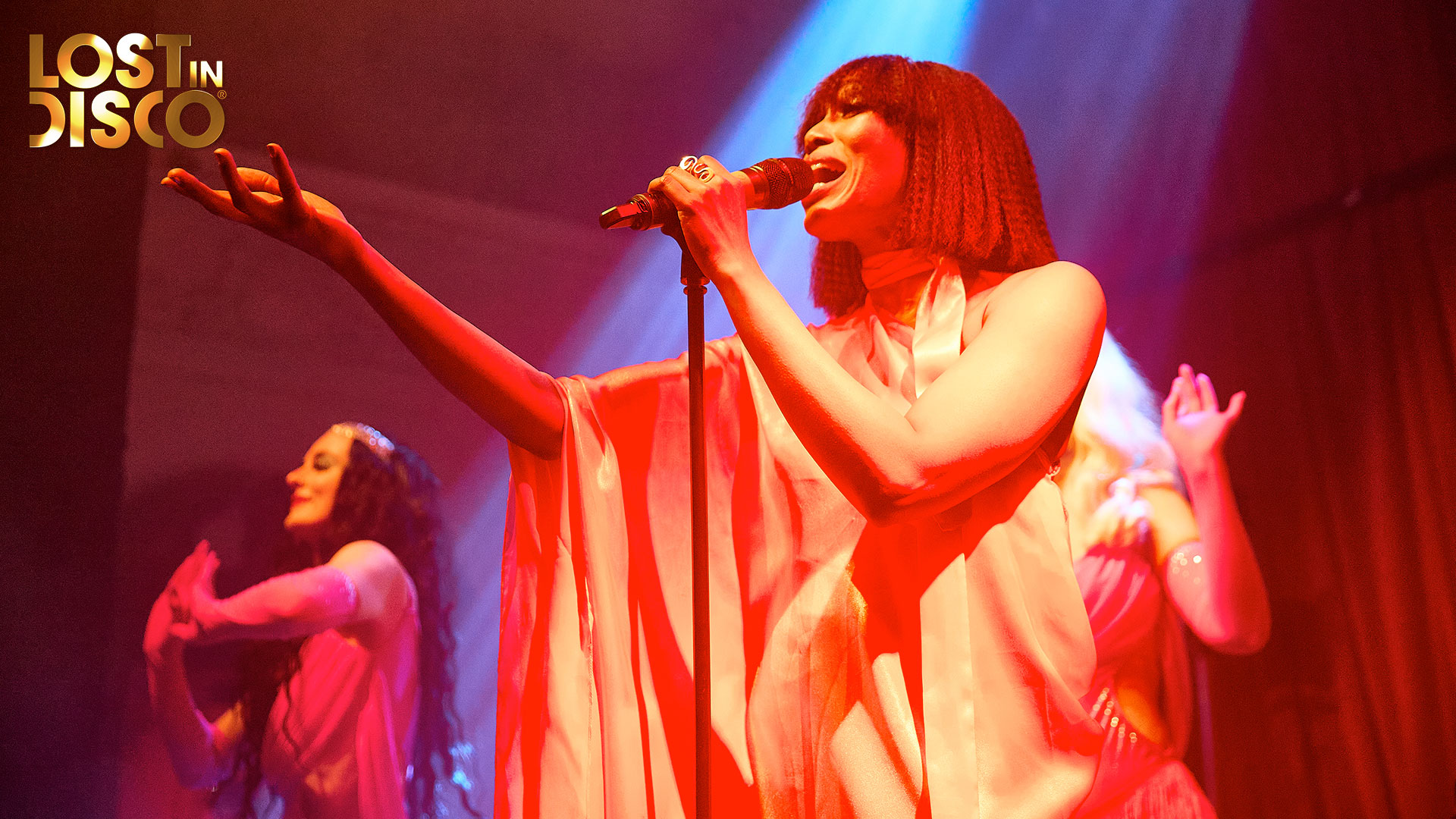 Folami performing at Lost In Disco in London alongside DJ Jason Regan and The Meyer Dancers Lost In Disco, London's greatest night of classic 70s disco, in March 2025 featuring Chic vocalist Folami, DJs Jason Regan and Jonnie Blackburn, and dance performance from The Meyer Dancers